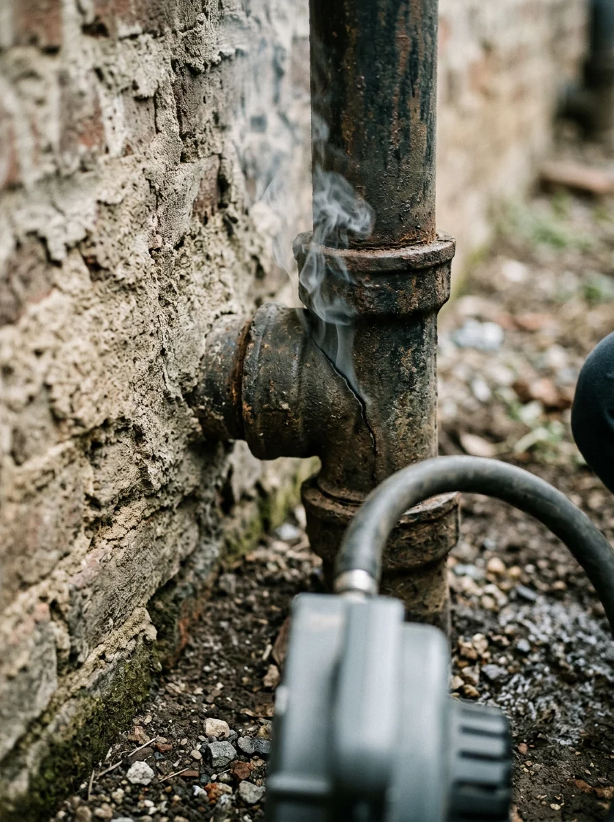 Smoke testing equipment connected to a drain cleanout in an older Altavista home, with smoke visible at a cracked pipe joint near the foundation.