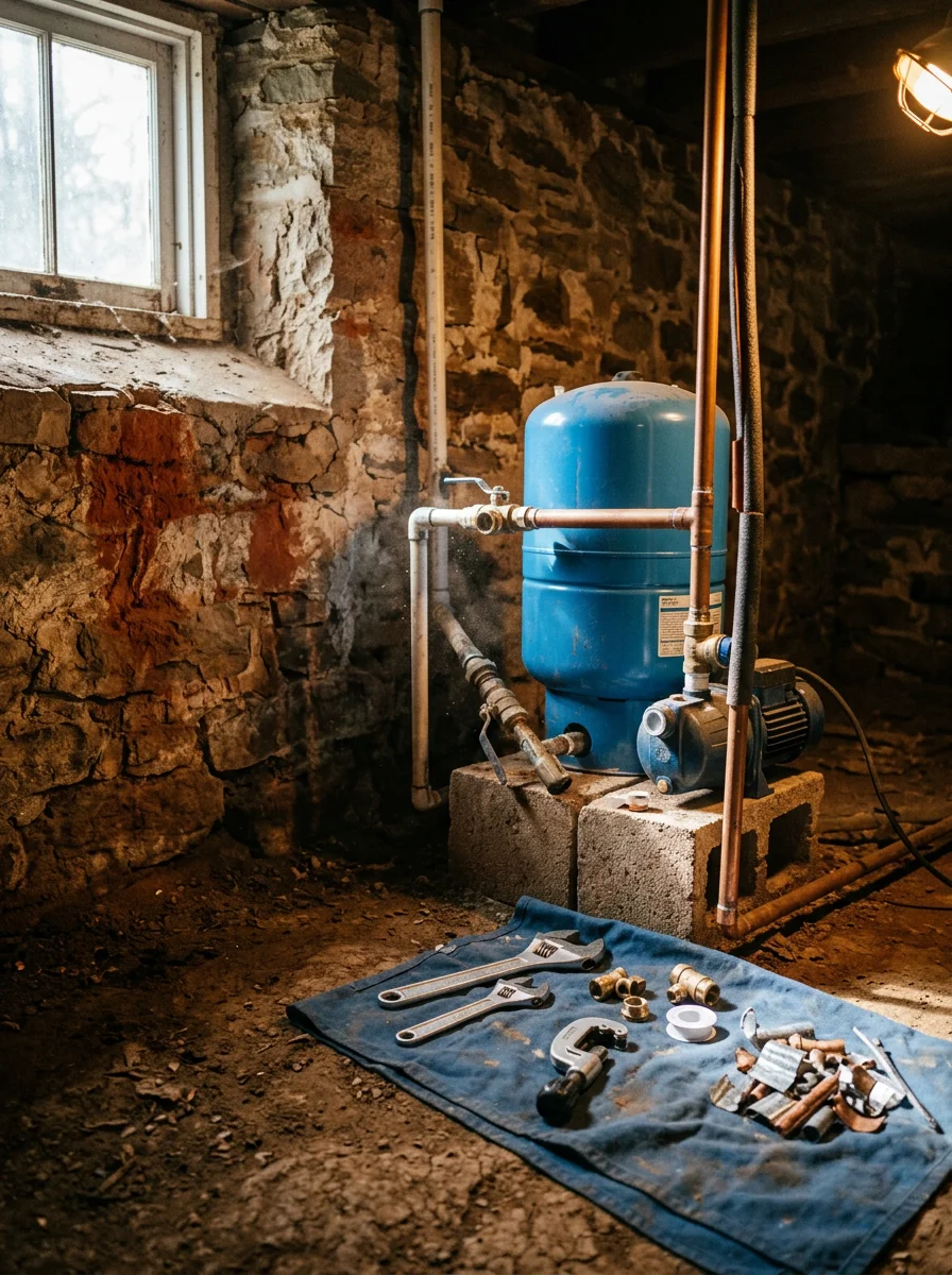 A well pressure tank and pump assembly being replaced in the crawl space of a rural Appomattox County property.