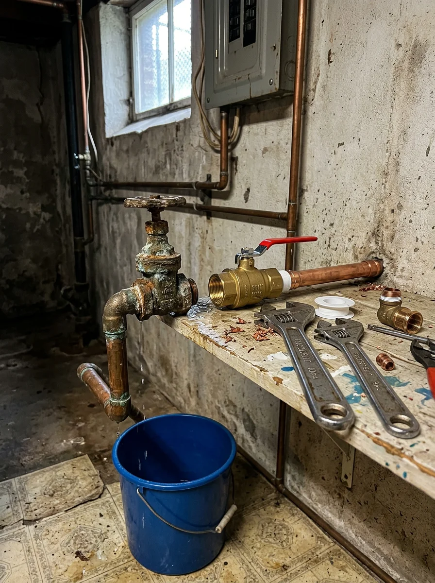 A corroded gate-style main shutoff valve being replaced with a ball valve in the utility room of an older Bedford, Virginia home.