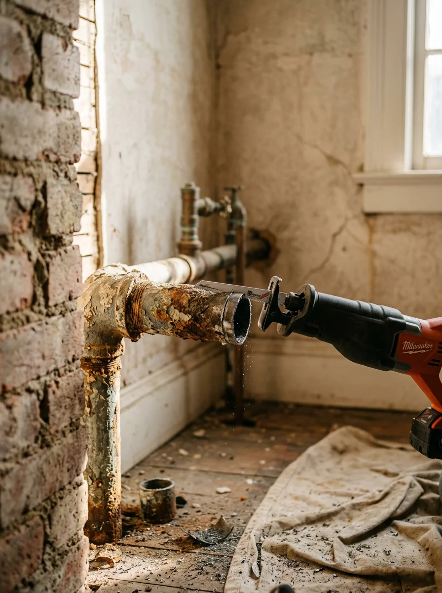Corroded galvanized supply pipes being cut out during a water heater replacement in an early 1900s Altavista home.