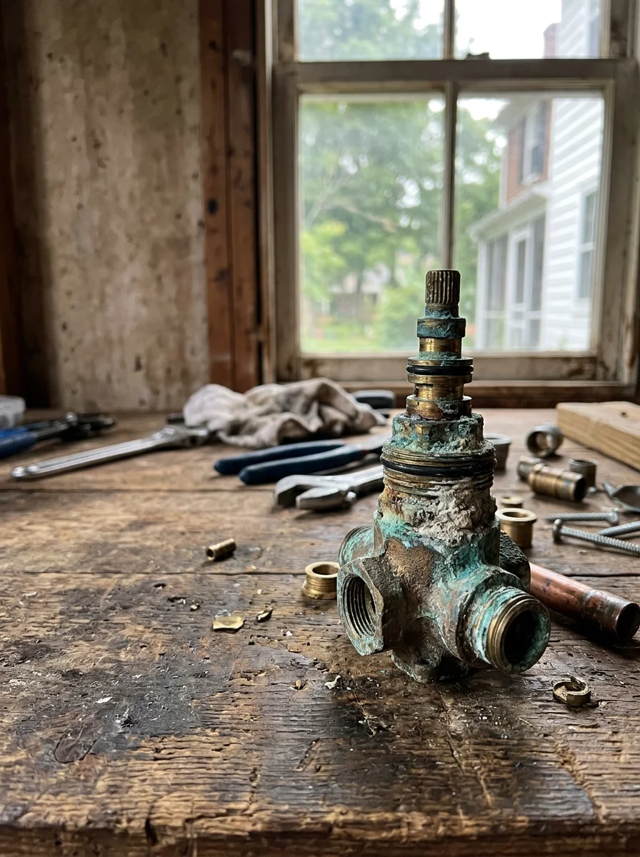A corroded shower valve cartridge removed from a builder-grade valve body in an established Forest neighborhood home.