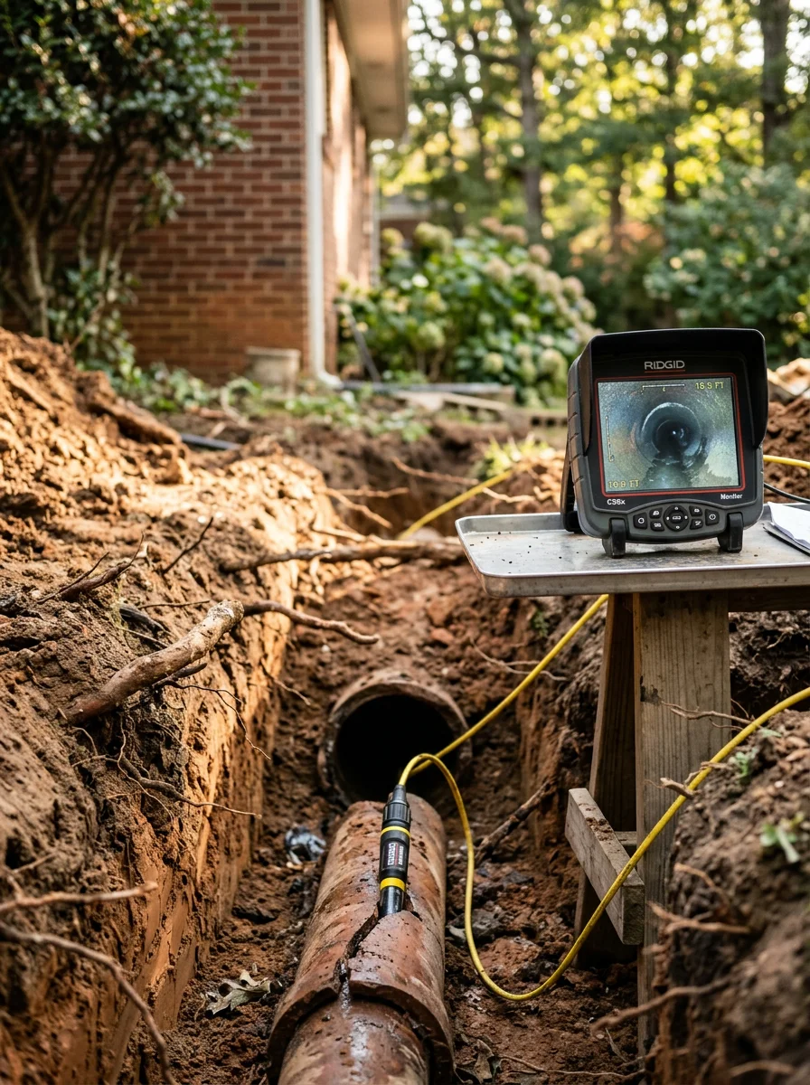 Camera inspection equipment being fed into a clay sewer lateral in a Lynchburg backyard, with a monitor showing pipe condition.