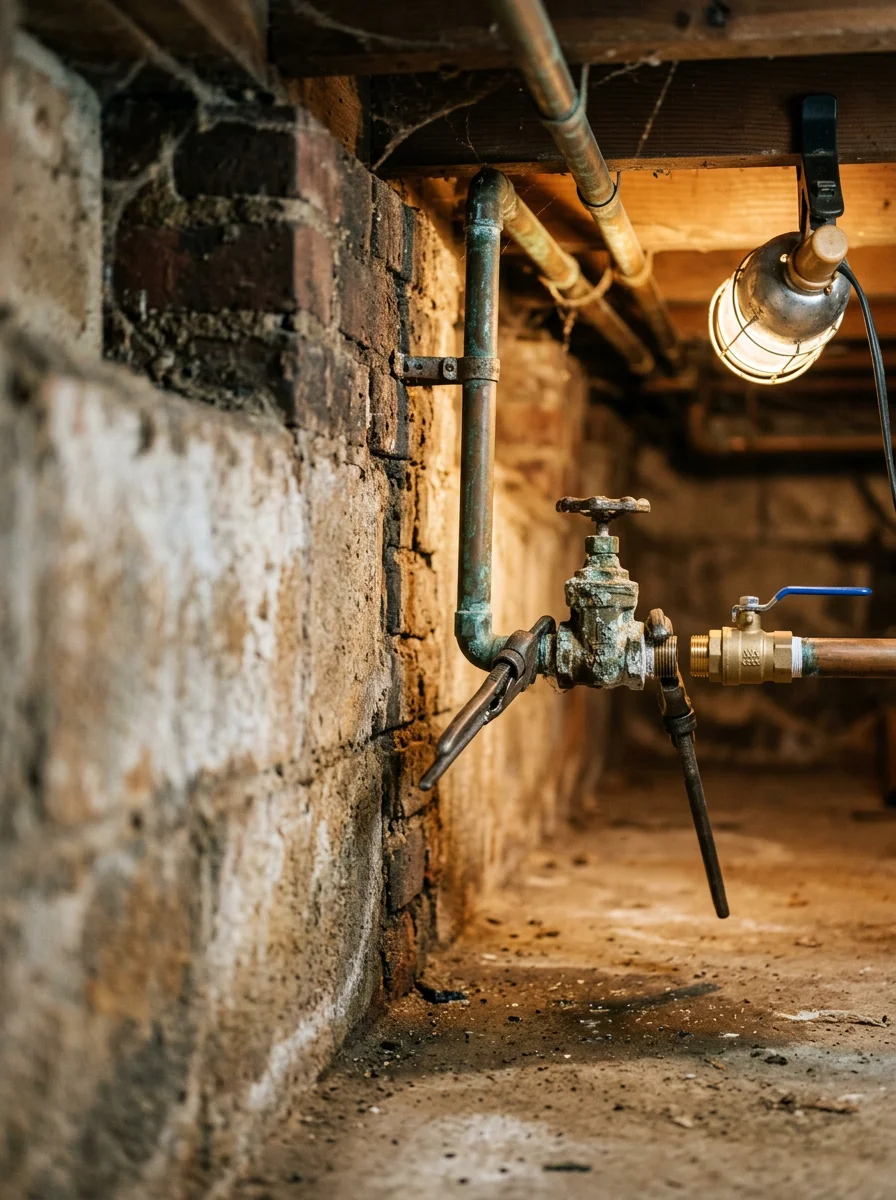 A seized gate-style main shutoff valve being replaced with a ball valve in the crawl space of an older home near the Rustburg courthouse district.