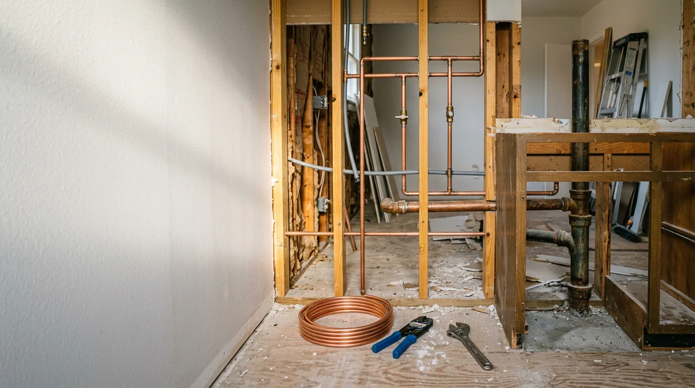 A cleanly remodeled bathroom in an Amherst County home showing updated plumbing fixtures, fresh flooring, and a new vanity with properly connected supply lines. The space reflects practical, well-finished work typical of a full bathroom remodel in central Virginia.