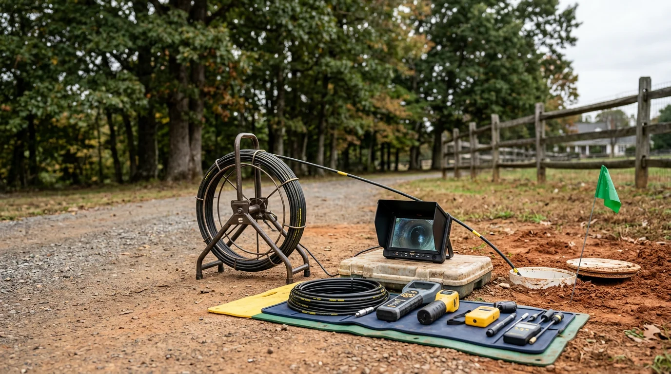 A plumber from Amherst Plumbing LLC feeding a flexible camera cable into a residential drain cleanout in Amherst County, Virginia. The monitor beside the cleanout displays a live video feed of the interior pipe walls showing a root intrusion and pipe joint offset.