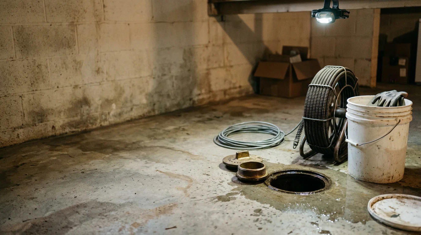 A plumber clearing a blocked drain line beneath a kitchen sink in an older Amherst County home. The work area is clean and tools are laid out neatly on a protective mat.