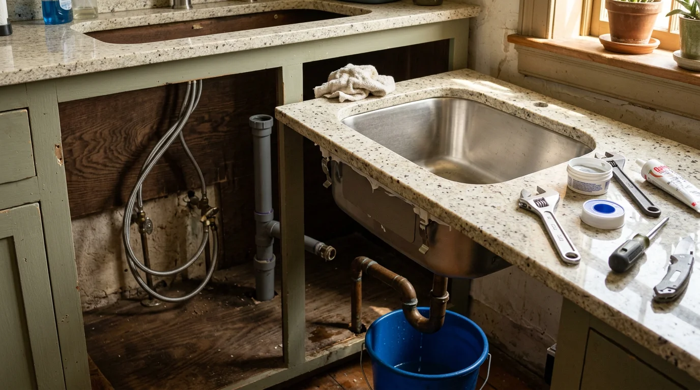 A newly installed kitchen sink with clean drain connections and tight faucet fittings in a residential home in Amherst County, Virginia. The under-sink cabinet is clear and dry, showing finished plumbing work by Amherst Plumbing LLC.