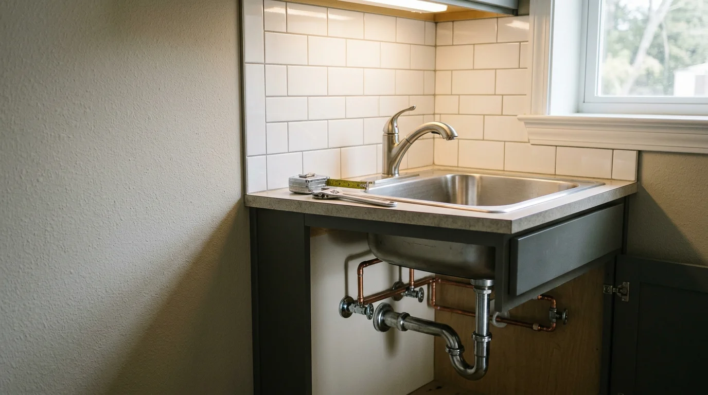 A newly installed deep utility laundry sink in a clean residential laundry room in Amherst County, Virginia, with visible supply line connections and a finished drain. A mop sink with a floor-level basin sits in a utility room, showing proper plumbing connections against a water-resistant wall.
