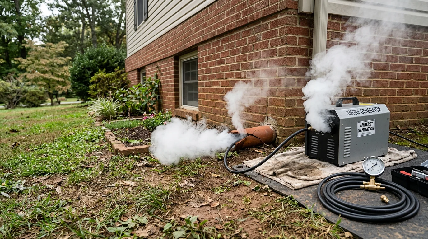 A plumber performing smoke testing on a residential drain cleanout in Amherst County, Virginia, with white non-toxic vapor rising from a cracked pipe joint in a crawl space. The visible smoke marks the exact location of the leak against the home's foundation.