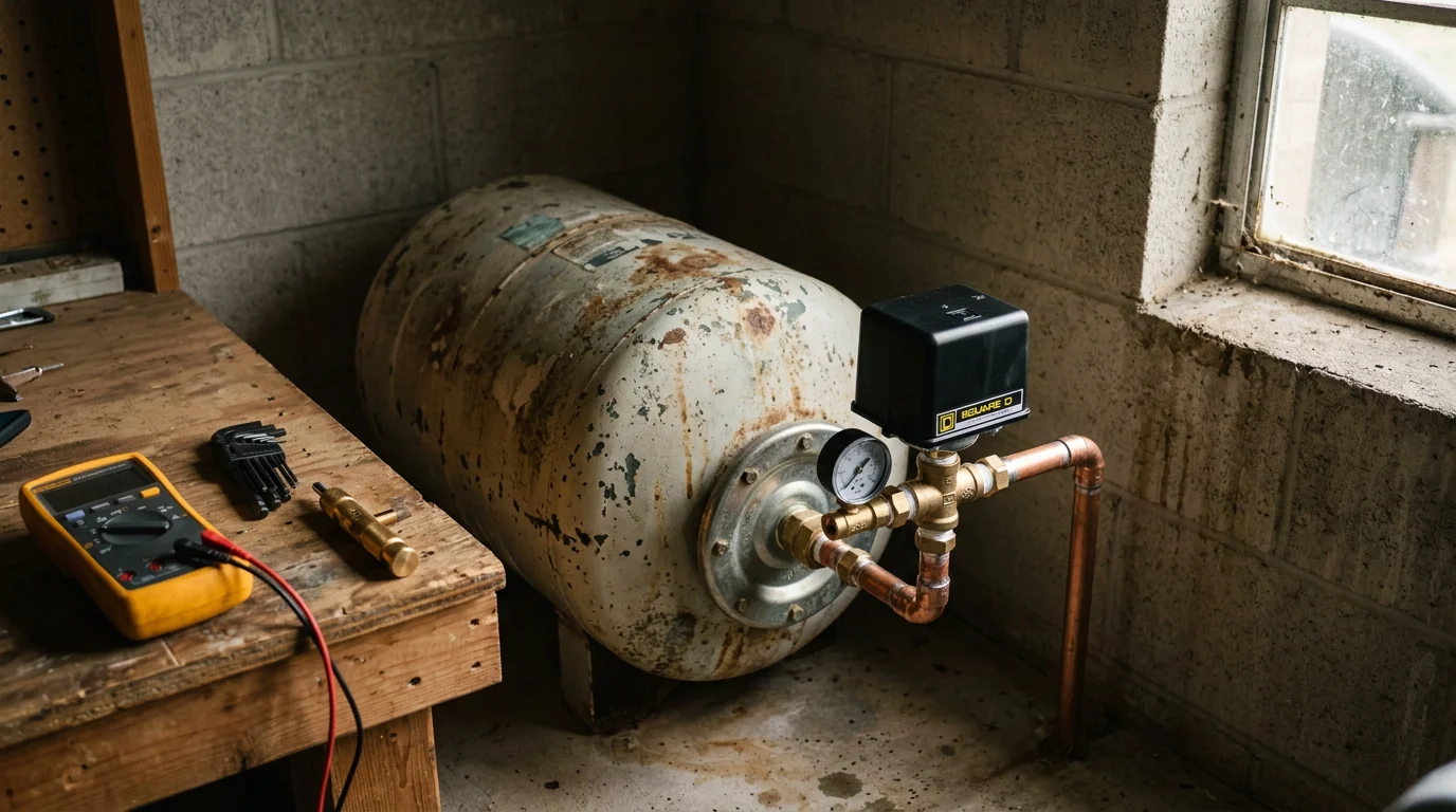 A well system pressure switch mounted near a pressure tank inside a rural Amherst County home, showing the switch housing and connected wiring after a professional replacement.