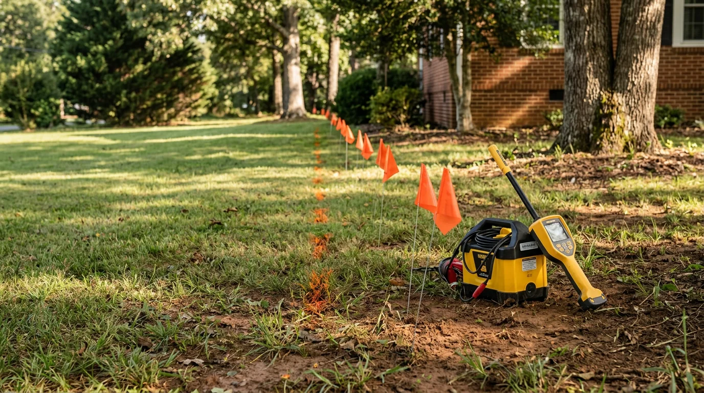 A plumber using handheld electronic locating equipment to trace a buried sewer line across a residential yard in Amherst County, Virginia. Ground surface flags mark the mapped path of the underground pipe.
