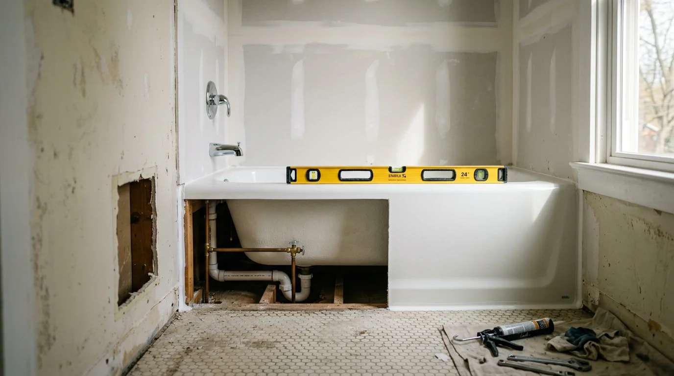 A newly installed bathtub and shower unit in a residential bathroom in Amherst County, Virginia, with clean plumbing connections and a finished surround. The fixture sits level and sealed, ready for use in a freshly updated bathroom space.