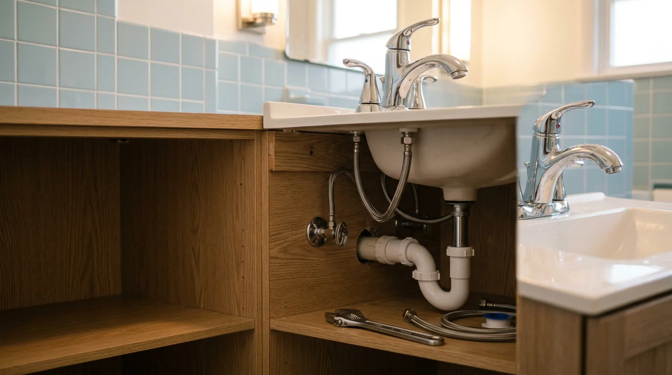A plumber installing a new kitchen sink in an Amherst County home, with clean supply line and drain connections visible beneath the cabinet. The finished sink sits flush in a countertop with no gaps or water stains.