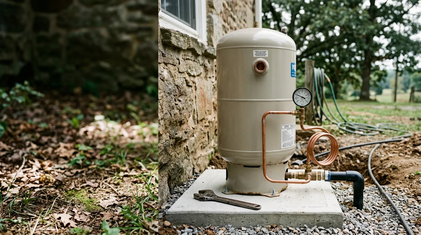A new well pressure storage tank installed in a utility room of a rural home in Amherst County, Virginia, with fresh pipe connections and a pressure gauge visible. The old tank has been removed and the system is ready for use.