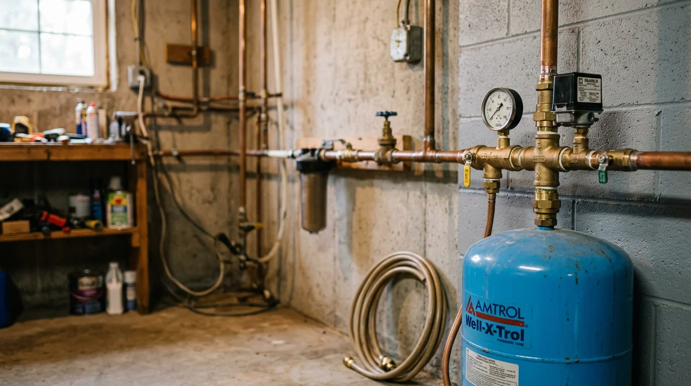 A newly installed tank tee assembly connecting a pressure tank to the water supply line inside a rural Amherst County home. The fitting shows a pressure switch, pressure gauge, and drain valve mounted in a clean, compact configuration.