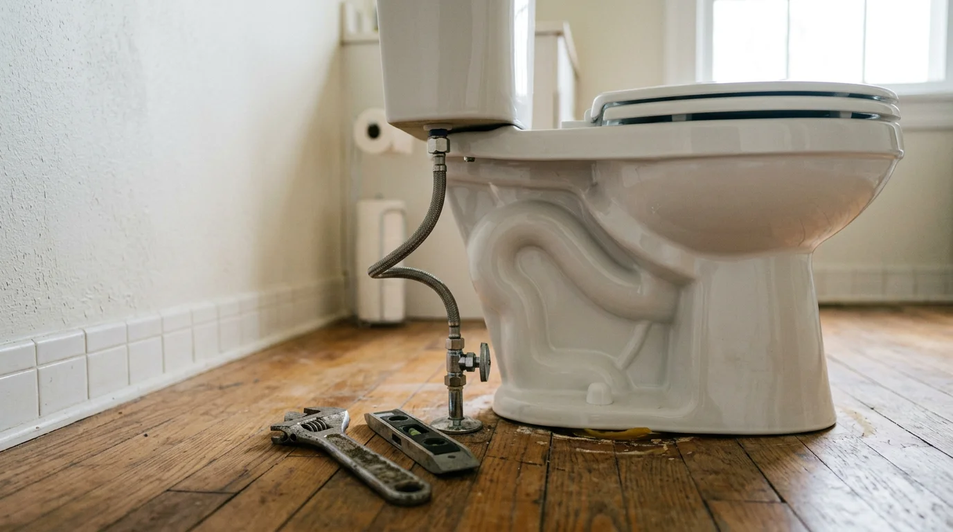 A plumber from Amherst Plumbing LLC setting a new toilet onto a freshly replaced wax ring inside a residential bathroom in Amherst County, Virginia. The supply line and floor flange are visible and in clean condition.