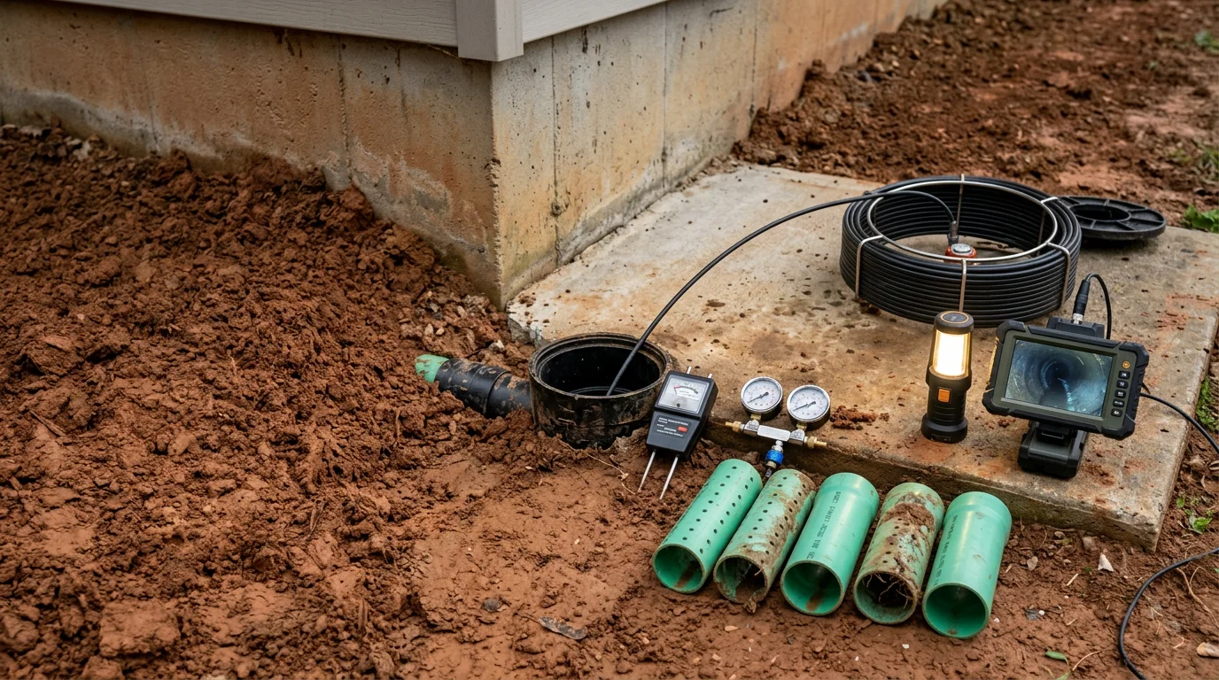 A plumber inspecting a residential drain cleanout access point on a property in Amherst County, Virginia. The surrounding yard shows clay-heavy soil typical of the region, with drain line access visible at ground level.