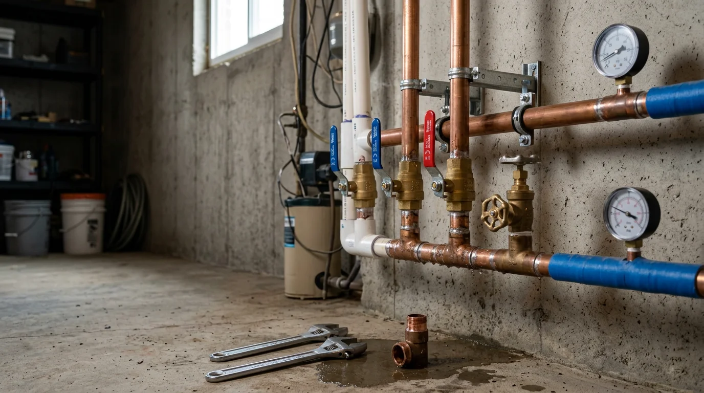 A plumber replacing a corroded shutoff valve under a kitchen sink in an Amherst County, Virginia home. The new valve is cleanly installed with secure connections and no visible leaks.