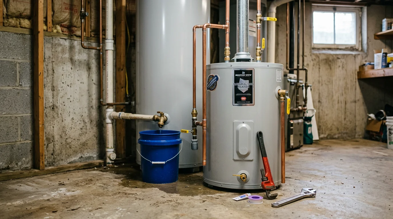 A plumber inspecting a residential water heater in a utility room in Amherst County, Virginia. The unit is a standard tank-style water heater with visible pipe connections being checked for leaks and proper function.