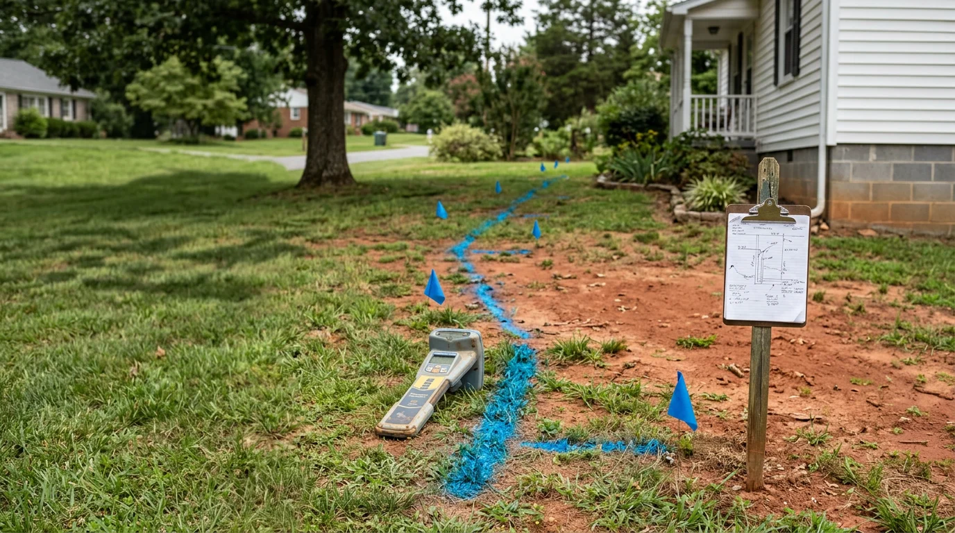 A plumber marking the path of a buried water line in a residential yard in Amherst County, Virginia. Flags and surface markings indicate the traced route of the underground pipe before excavation begins.