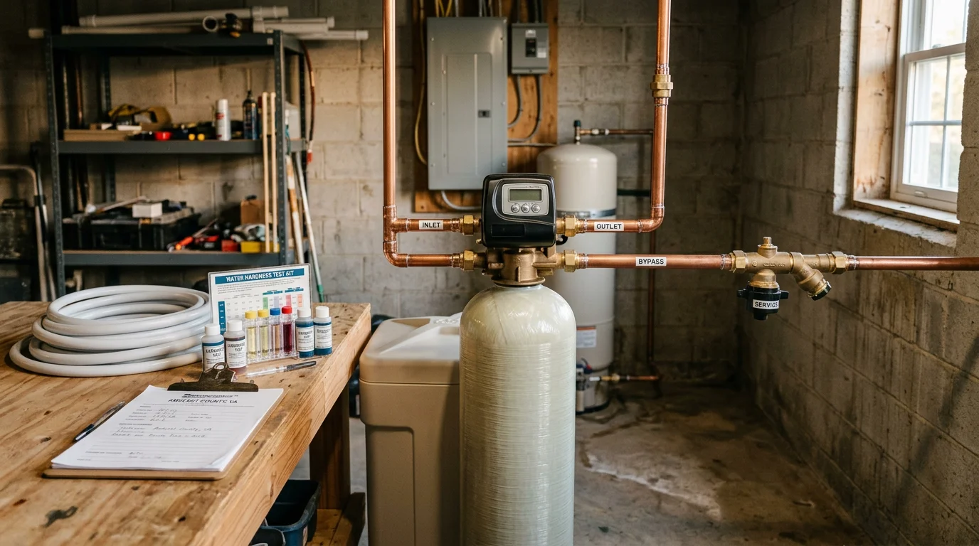 A water softener system connected to the main water line inside a Virginia home, with inlet, outlet, and drain lines neatly plumbed and a bypass valve installed. The unit sits in a utility area typical of a well-water home in Amherst County.