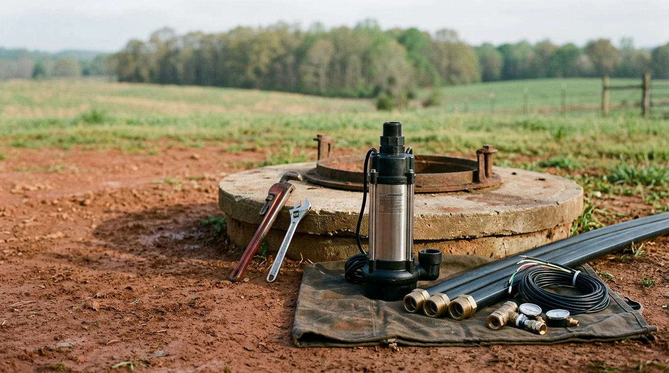 A well pump system being replaced at a rural residential property in Amherst County, Virginia, with the old submersible pump pulled from the casing and a new unit staged for installation beside the wellhead.